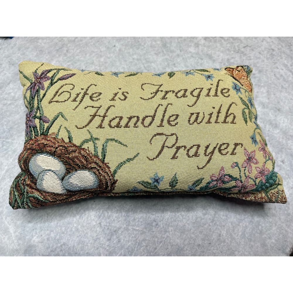 Life is Fragile Handle with Prayer Woven Tapestry Accent Pillow Bird Nest Floral